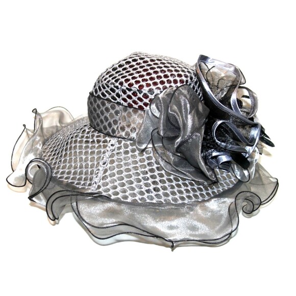 Womens Kentucky Derby Church Dress Hat Wide Brim Black Silver Tea Party Wedding main image 9